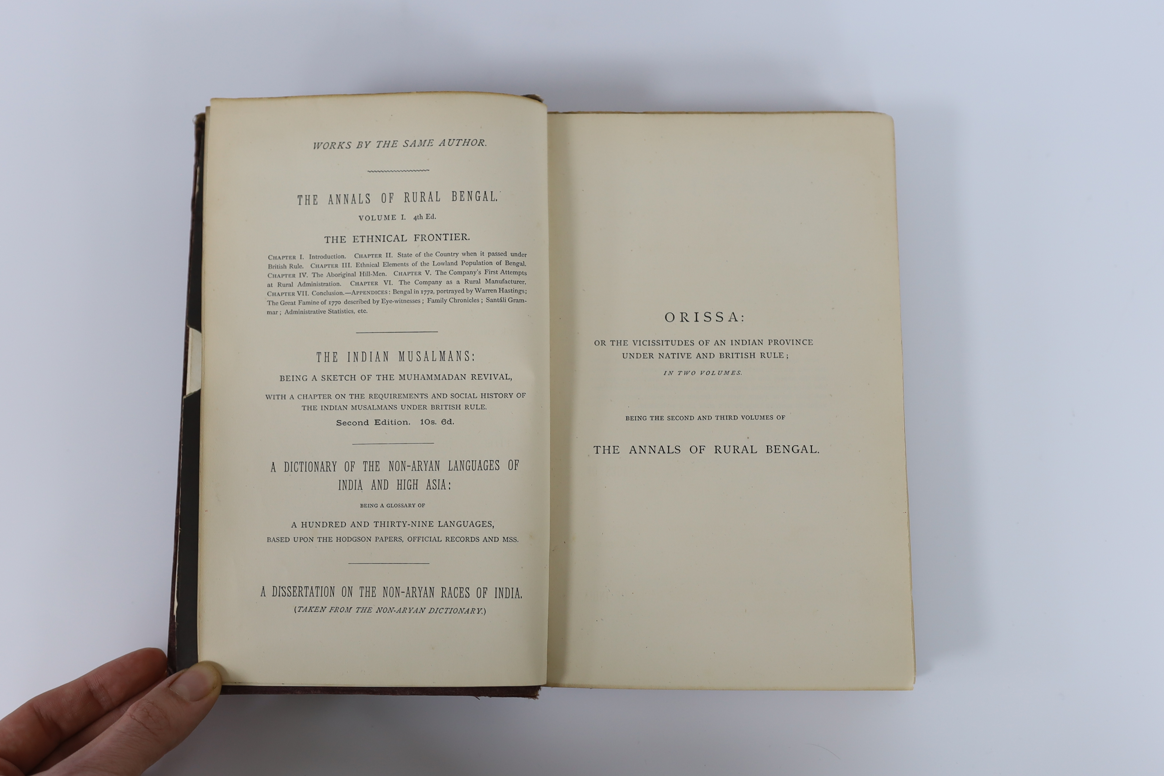 Hunter, W.W. - Orissa, 2 vols, colour-printed frontis., folded map (outline colour, in pocket) and 15 plates, text decorations; publisher's gilt and blind ruled cloth. 1872